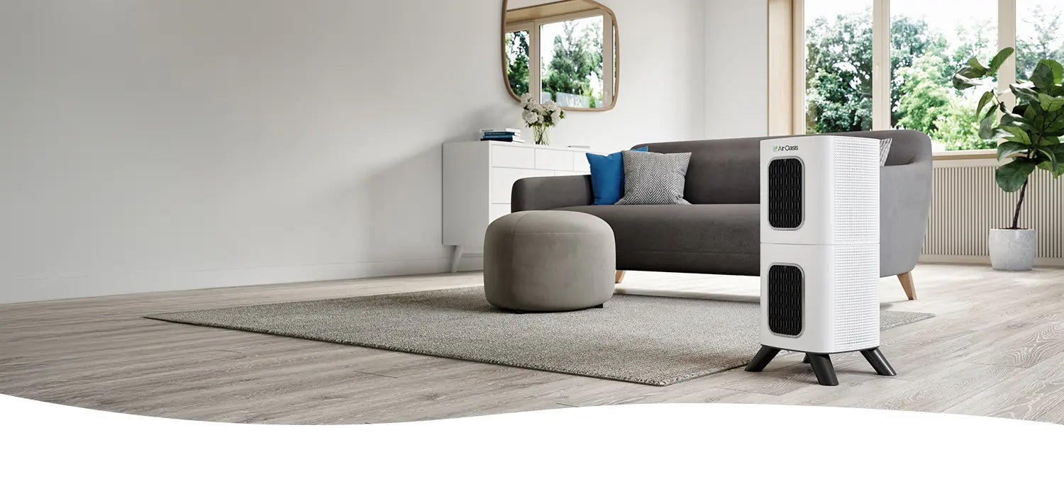 iAdaptAir purifier in a living room with a grey couch, woods floors 