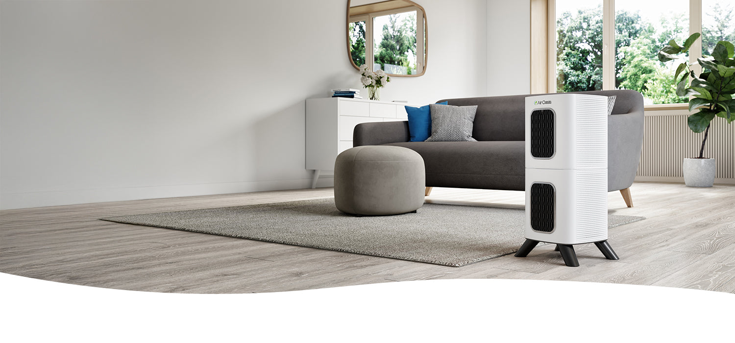 iAdaptAir purifier in a living room with a grey couch and woods floors